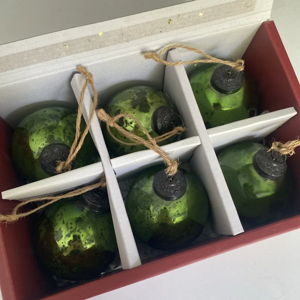 Pottery Barn Mercury Glass Ball Ornaments Set of 6 Green w/ Box